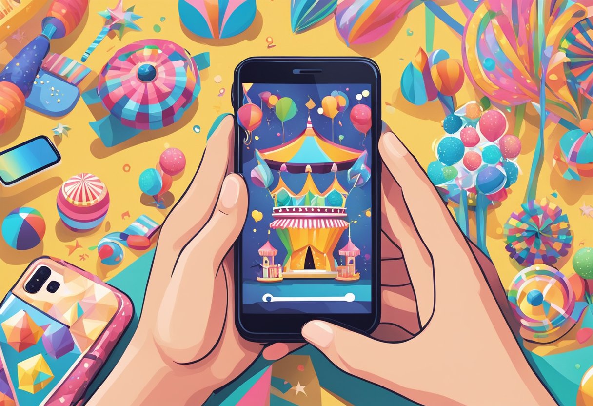 A hand placing a phone in a protective case, surrounded by colorful carnival decorations