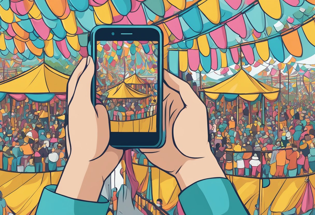 During the festivities, a person holds their phone securely at a lively carnival