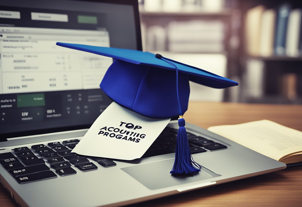 A laptop displaying top accounting programs, surrounded by books and a calculator, with a graduation cap in the background