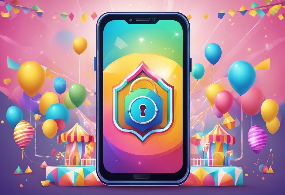 A smartphone with a protective shield and lock symbol, surrounded by colorful carnival decorations