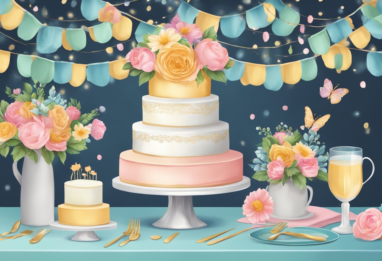 A table with a beautifully decorated bridal shower cake, surrounded by colorful flowers and elegant decorations