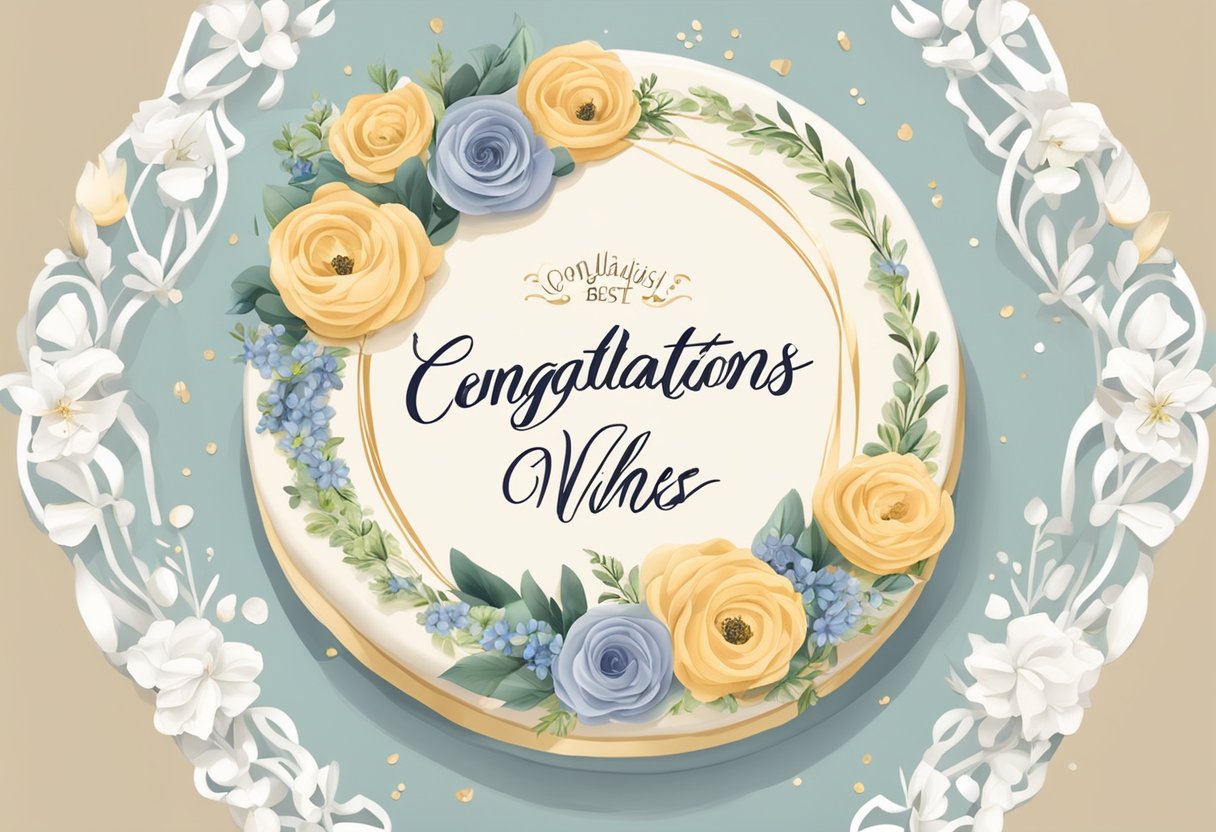 A beautifully decorated bridal shower cake with elegant calligraphy writing "Congratulations" and "Best Wishes" surrounded by delicate floral designs