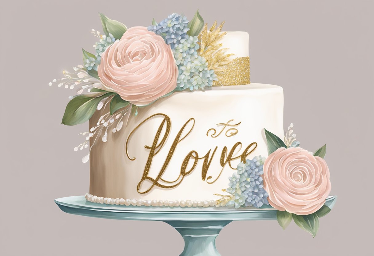 A bridal shower cake with "Bride-to-Be" and "Love" in elegant script, adorned with delicate flowers and a touch of sparkle