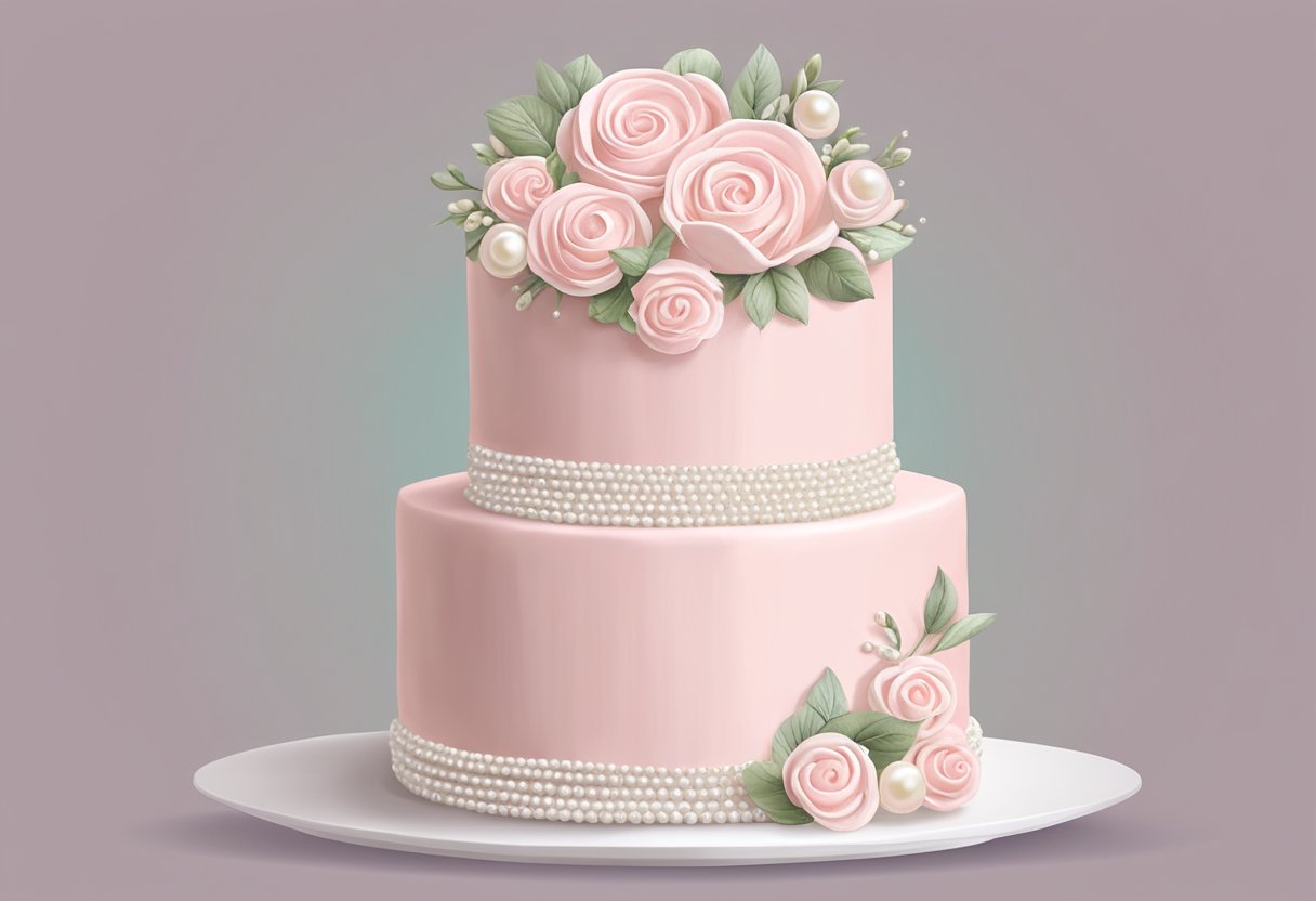 A bridal shower cake with delicate pink frosting and edible pearls, adorned with a script that reads "Love and Sweetness Forever."