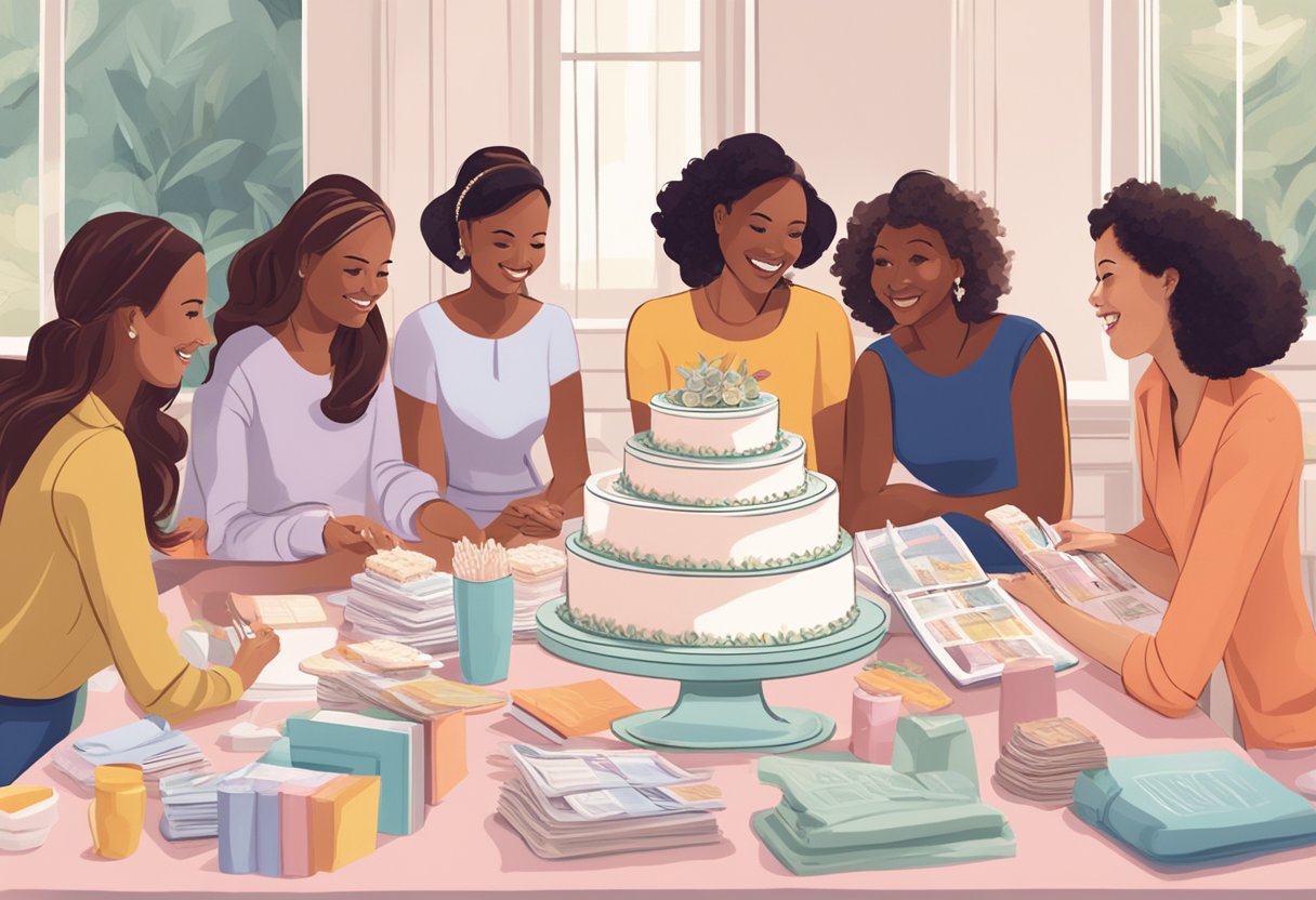 A group of women gathered around a table covered in bridal magazines and cake samples, discussing what to write on a bridal shower cake