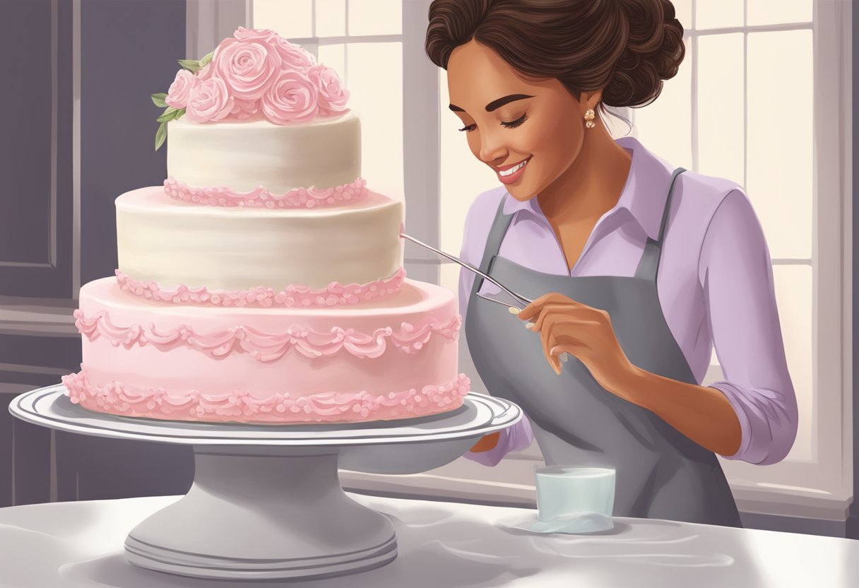 A baker adding delicate icing details to a bridal shower cake