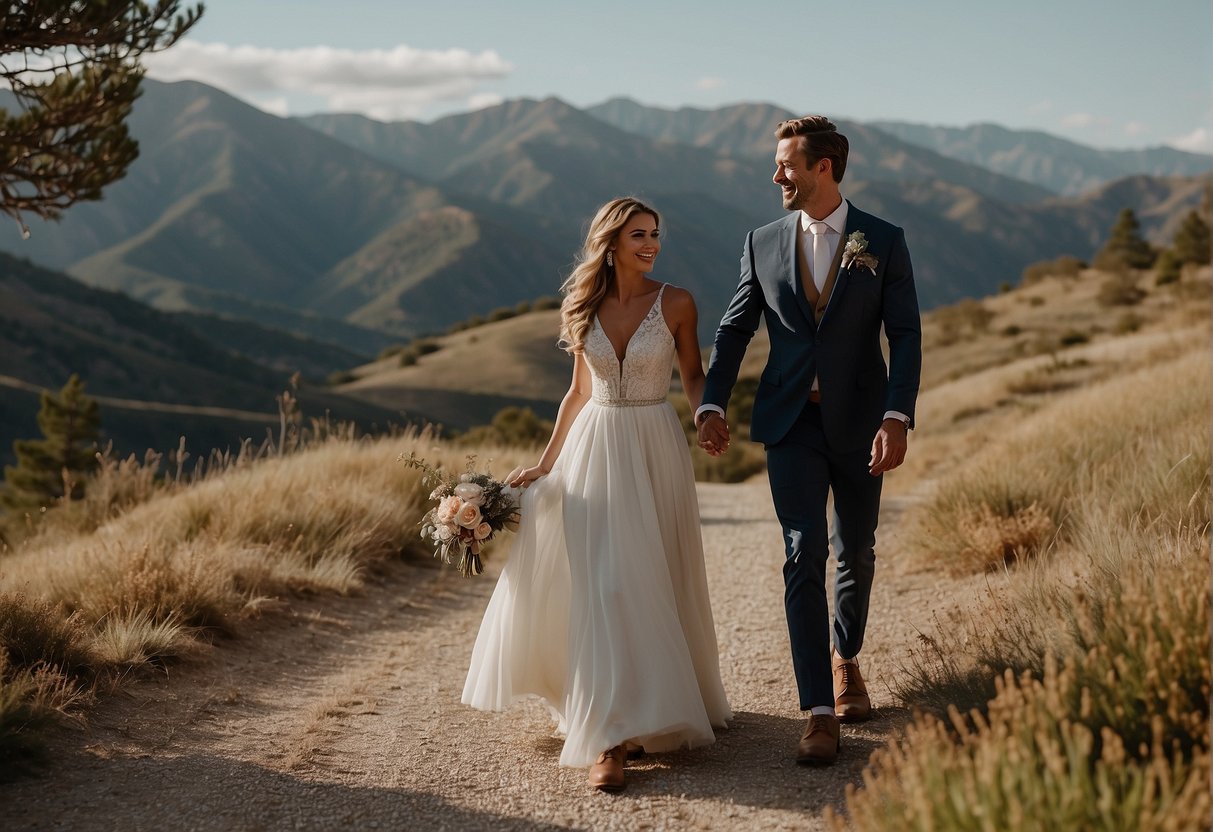 A couple sneaks out of a traditional wedding setting, running hand in hand towards a secluded and picturesque location to elope