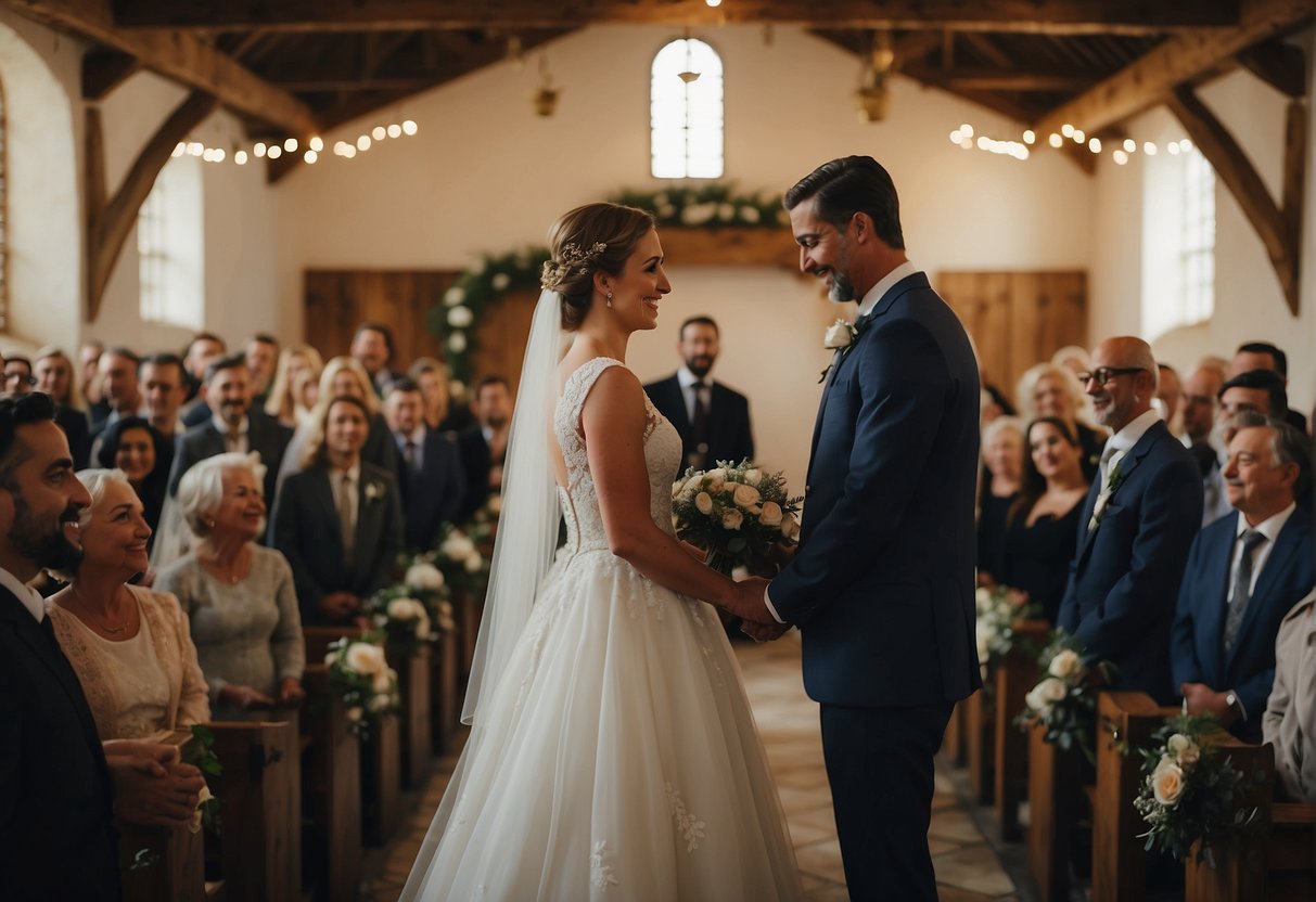 A bride and groom exchange vows in a rustic chapel, surrounded by family and friends. The ceremony is filled with cultural traditions and symbolic rituals