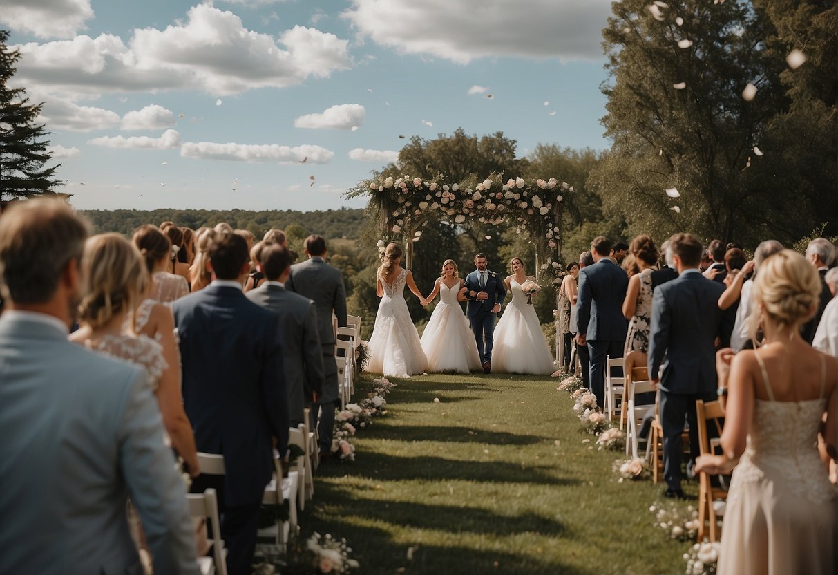 Guest lists fly away from a wedding venue, while eloping guests run off into the distance