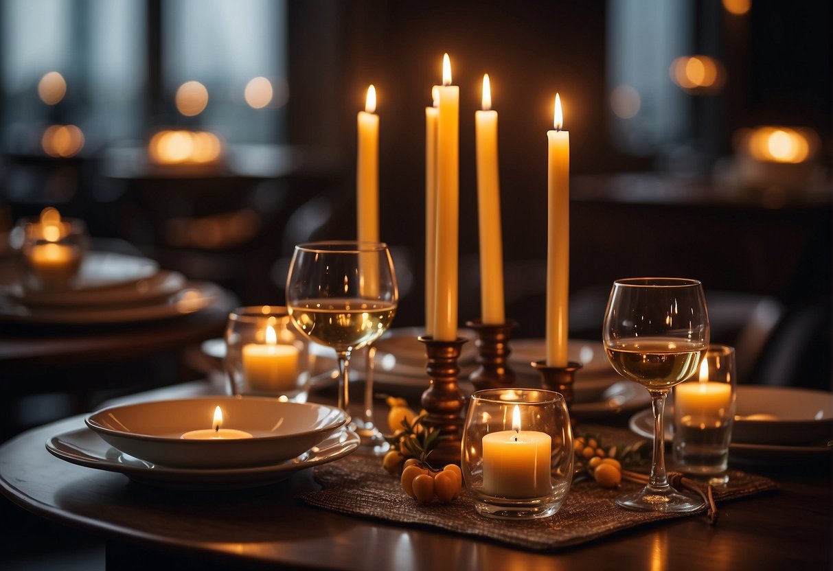 A table set for two, adorned with personalized details. Candles flicker, casting a warm glow on intimate surroundings