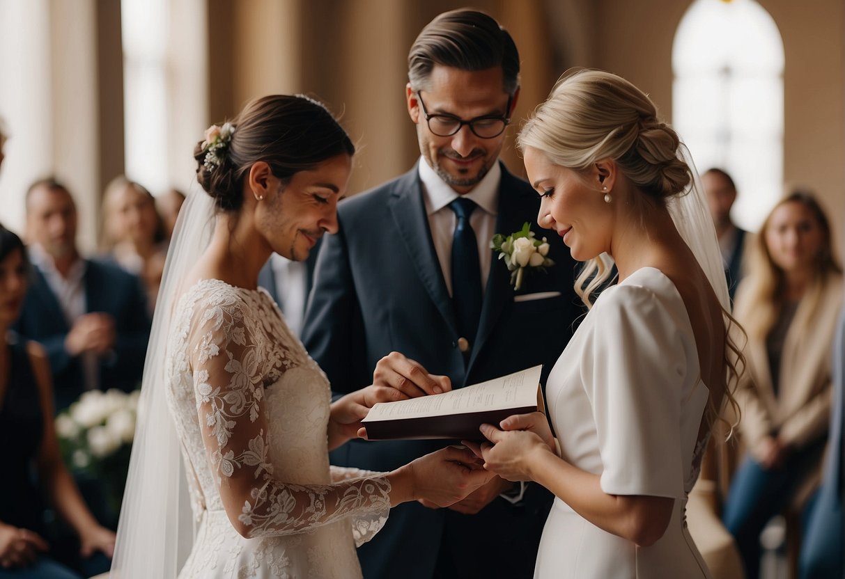 A couple stands before a justice of the peace, choosing between eloping and having a traditional wedding ceremony. The officiant holds a marriage license in one hand and a wedding ring in the other