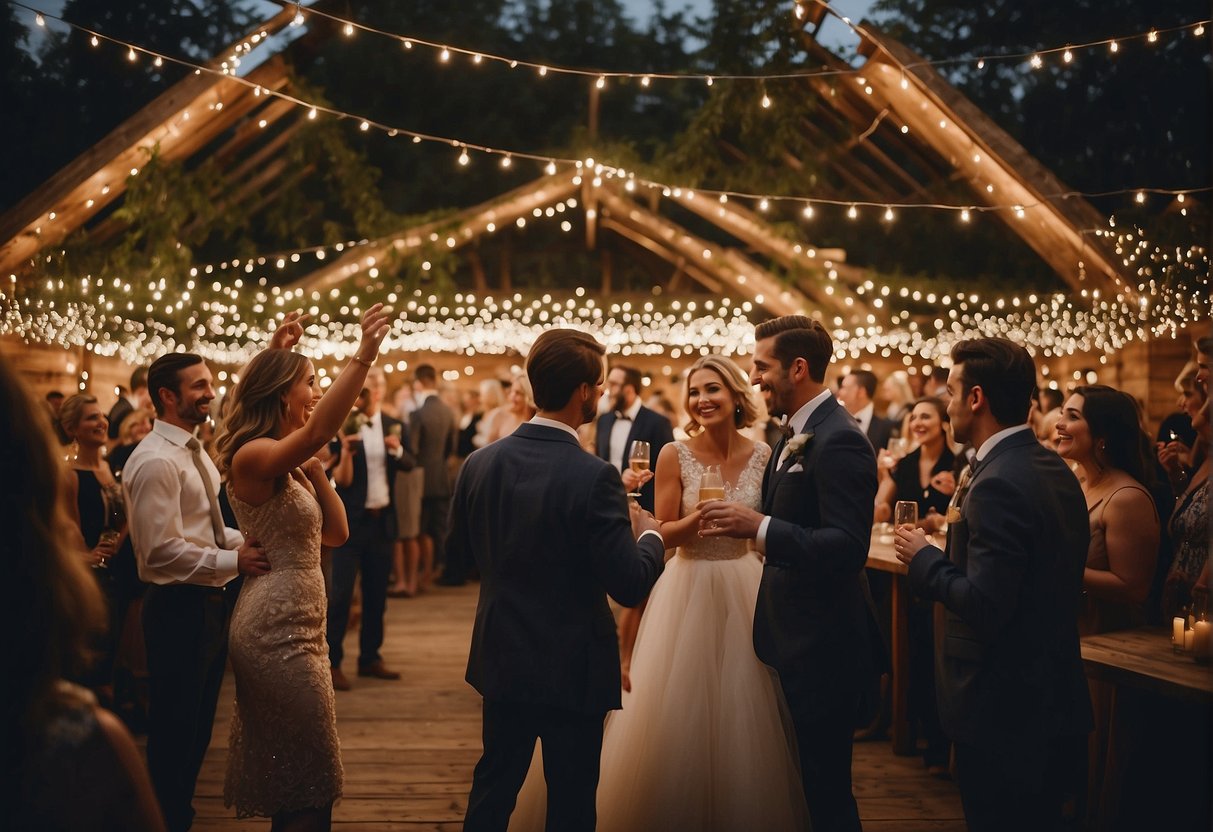 Guests cheer, clink glasses, and dance under twinkling lights at a rustic outdoor venue, celebrating the newly eloped couple's love and commitment