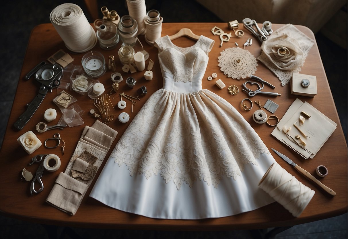 A table with vintage wedding dress patterns spread out, surrounded by sewing tools and fabric swatches