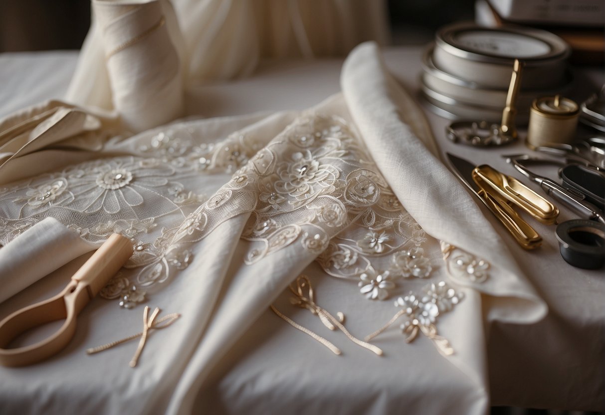A table with various Simplicity Patterns wedding dress designs spread out, surrounded by sewing tools and fabric swatches