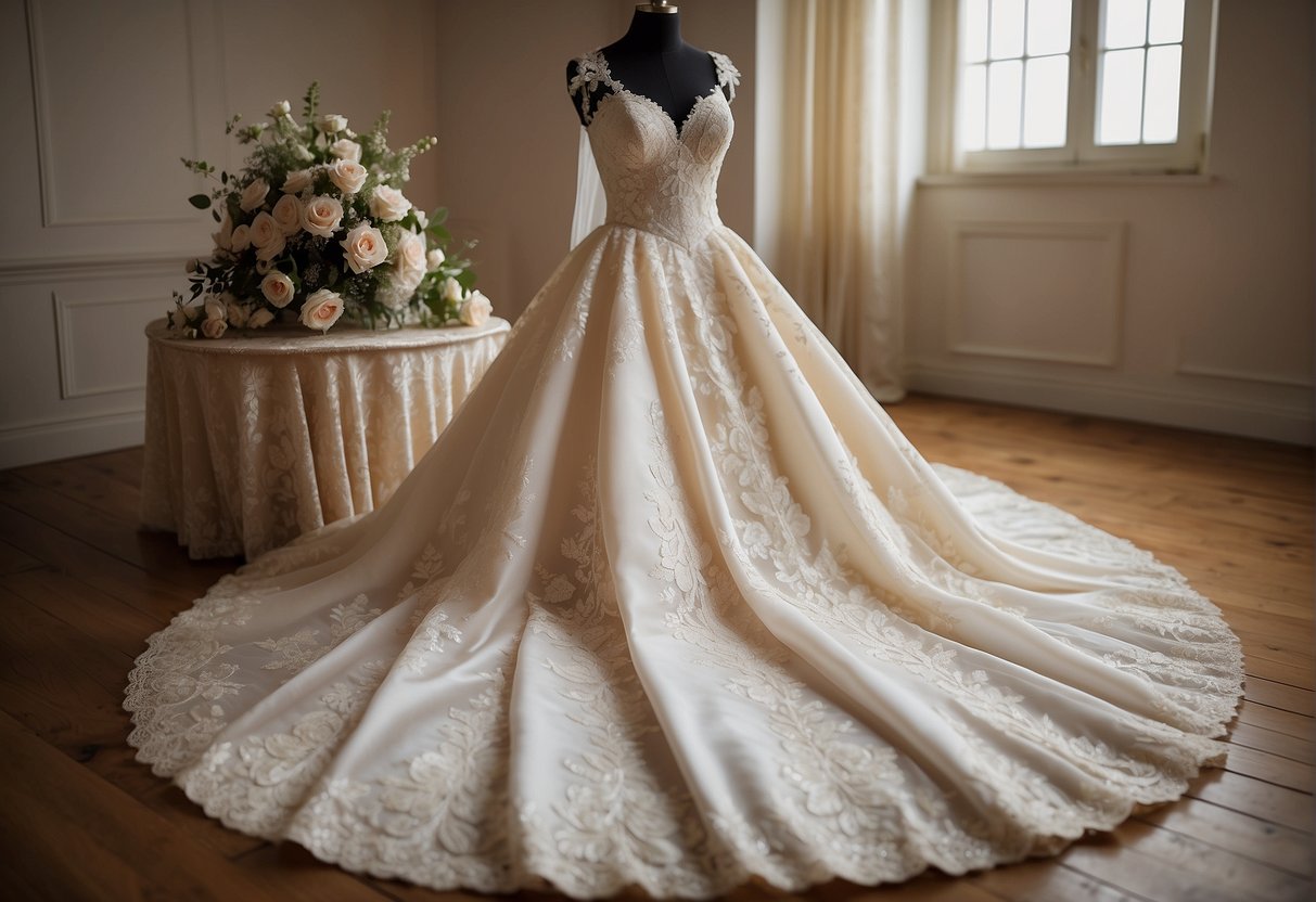 A display of Simplicity wedding dress patterns arranged on a table, with a soft, romantic backdrop and delicate lace and bead details