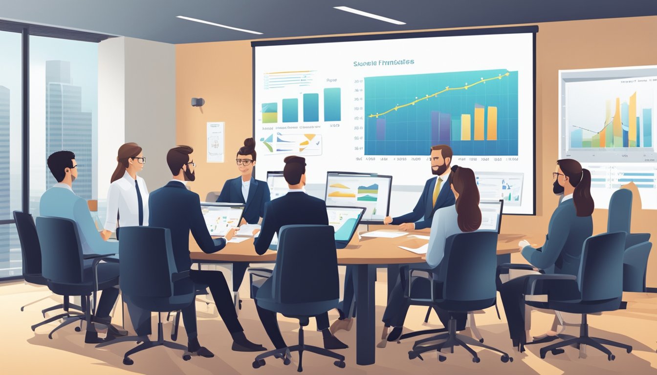 A group of professionals discussing financial matters in a boardroom, with charts and graphs displayed on a large screen