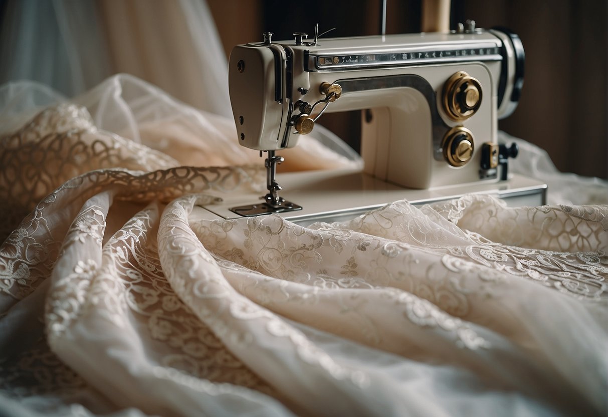 A sewing machine stitching delicate lace onto a wedding dress pattern, surrounded by spools of thread and pins