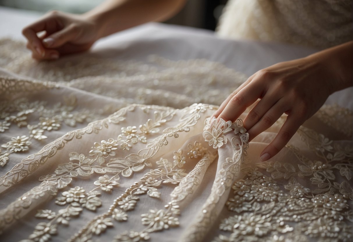 A bride's hand selecting lace trim and pearls from a table of embellishments, next to a sewing pattern for a wedding dress