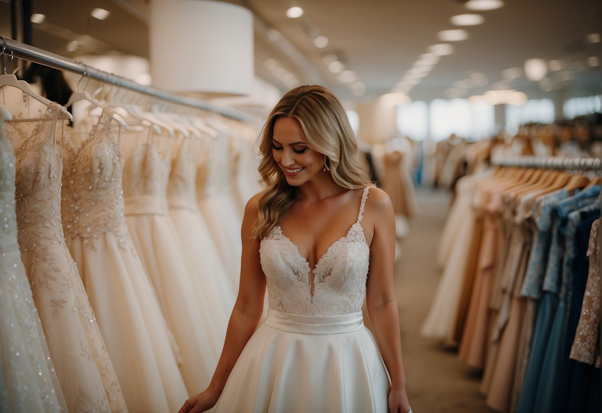 A bride-to-be browsing through Simplicity Patterns wedding dress designs at a fabric store