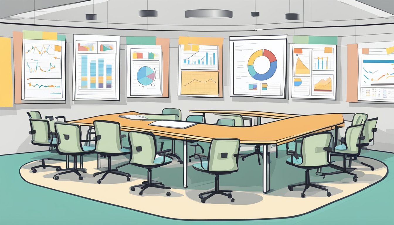 A table with chairs arranged in a circle, papers and pens on the table, a whiteboard with charts and graphs in the background