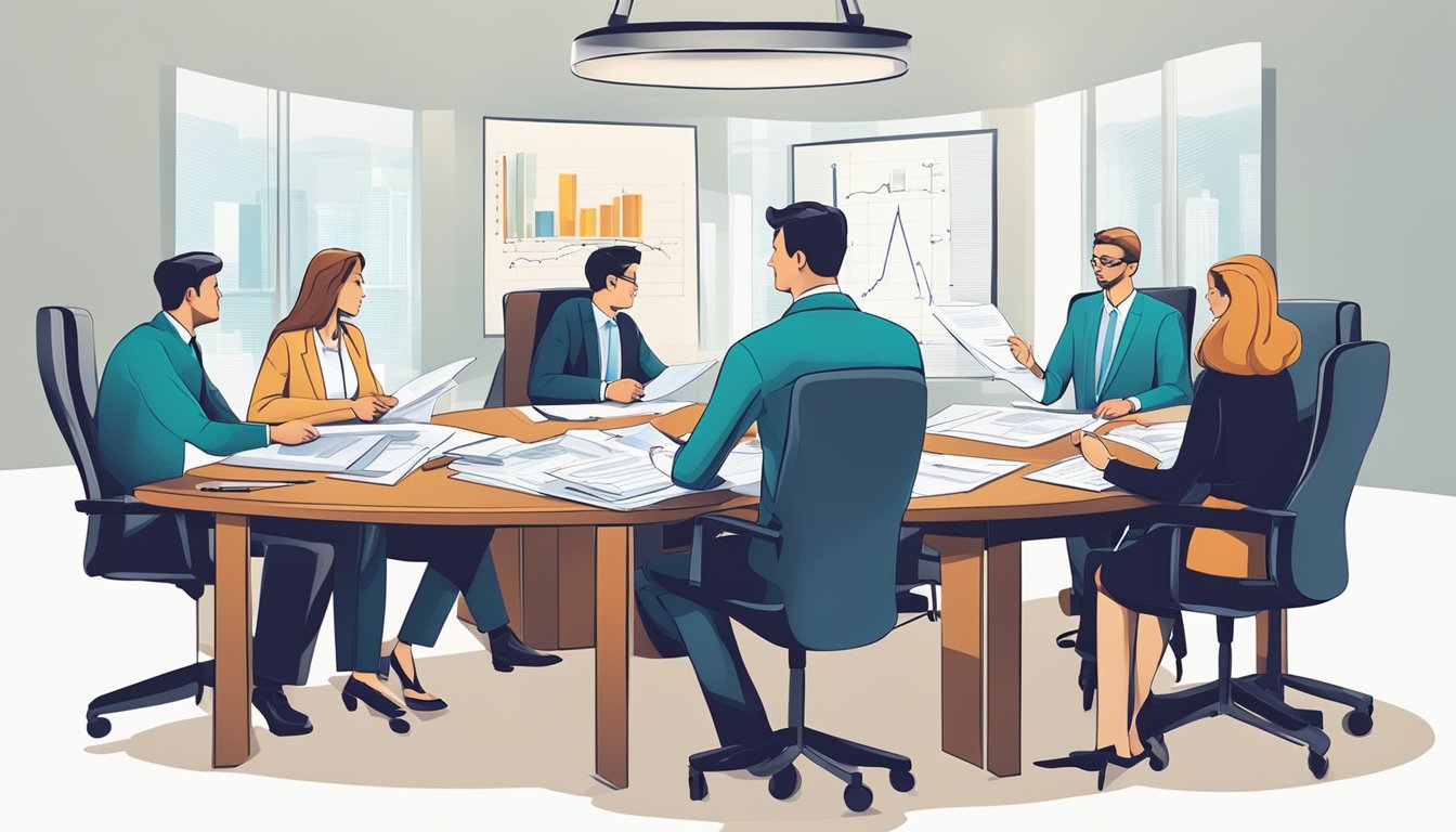 A group of professionals discussing audit procedures and methodology in a boardroom setting, with documents and charts spread out on the table