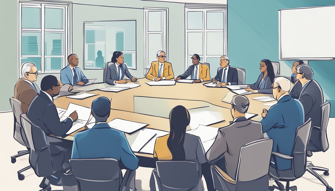 A group of stakeholders and internal audit committee members discussing stakeholder relations