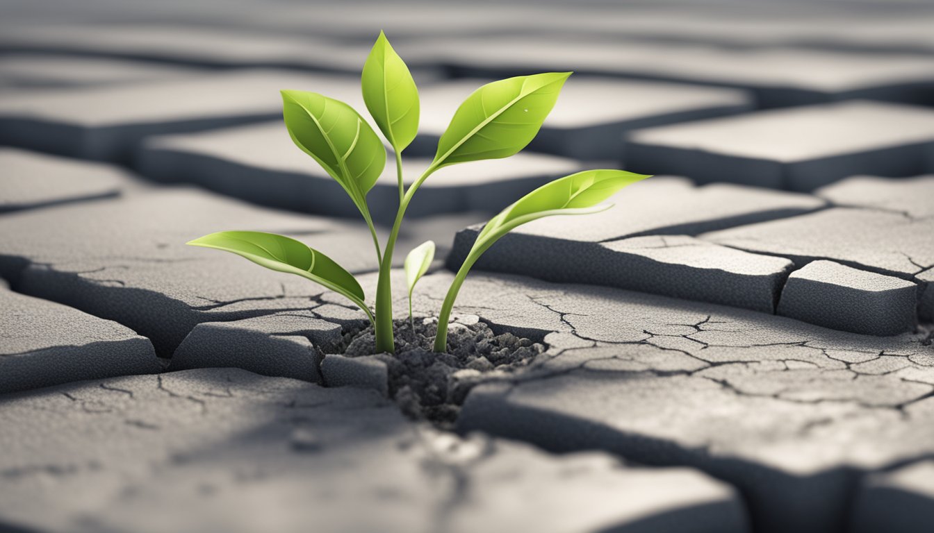 A seedling grows through cracked pavement, symbolizing resilience and change