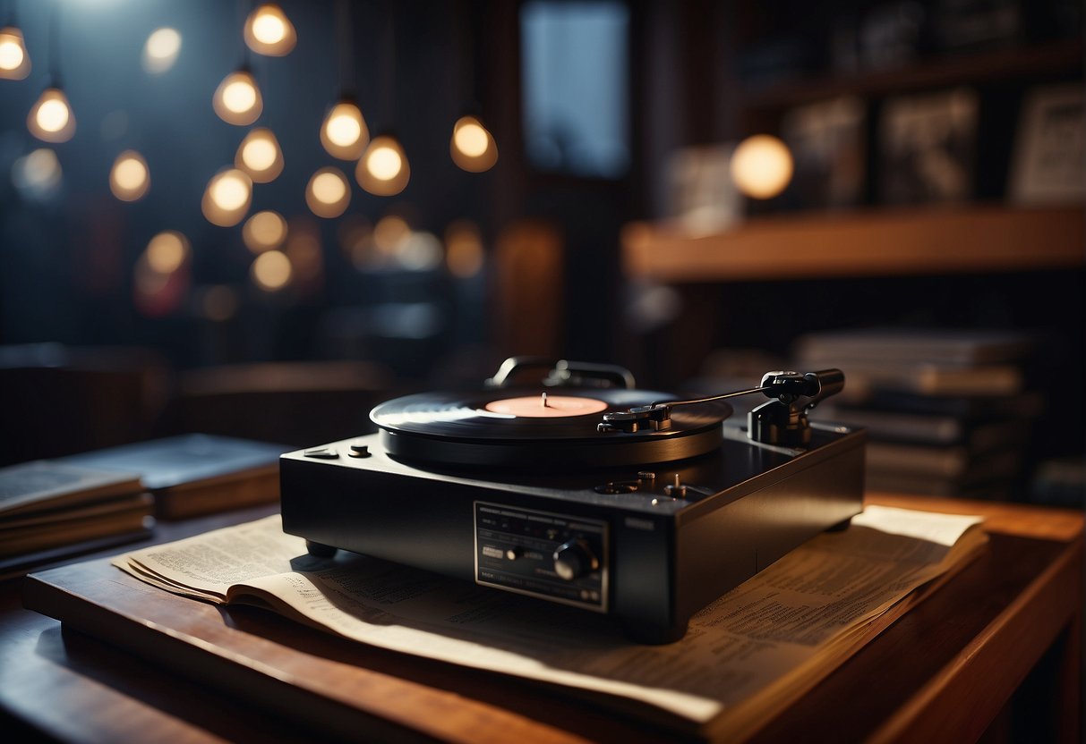 A record player spins, surrounded by album covers. Spotlights illuminate the room, casting dramatic shadows. Music notes float in the air