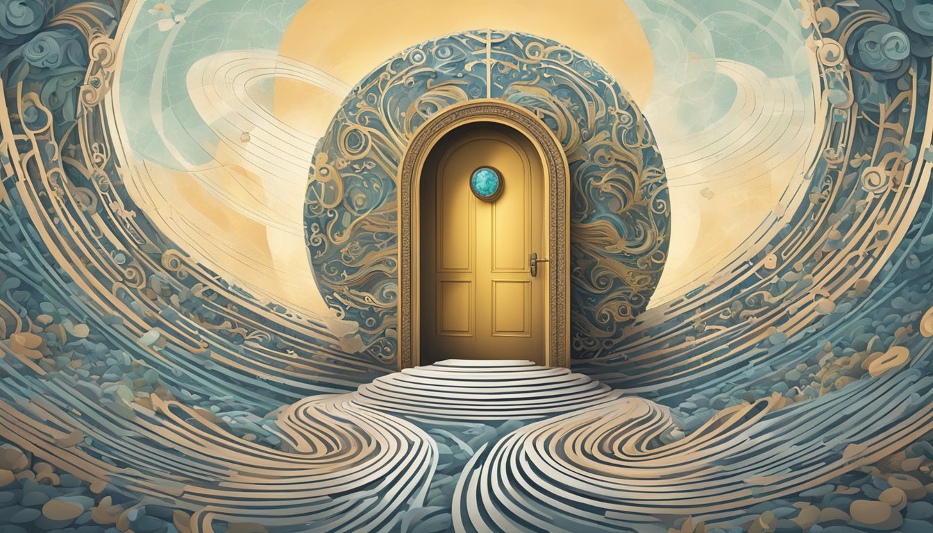 A winding road leading to a door with a keyhole, surrounded by swirling patterns and symbols representing the human dimension of change