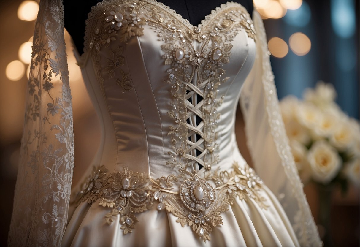 A vintage corset wedding dress hangs on a mannequin, adorned with delicate lace and intricate beading, evoking a sense of timeless romance and allure