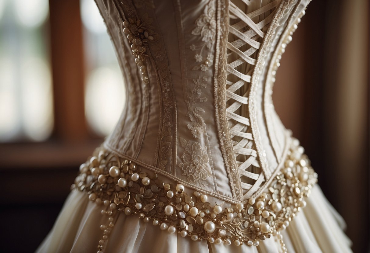 A vintage corset wedding dress displayed on a mannequin, surrounded by antique lace, pearls, and delicate embroidery