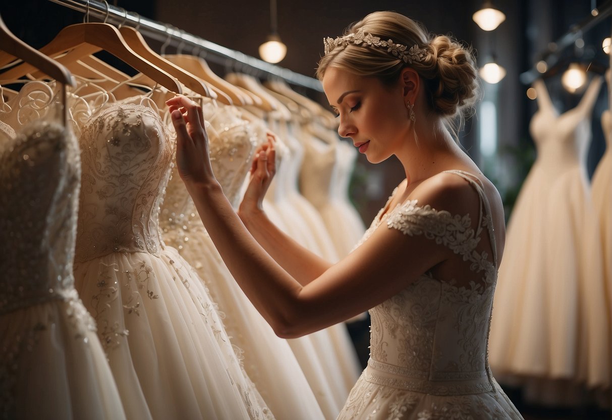 A bride carefully chooses a vintage corset wedding gown from a rack of elegant dresses in a cozy boutique