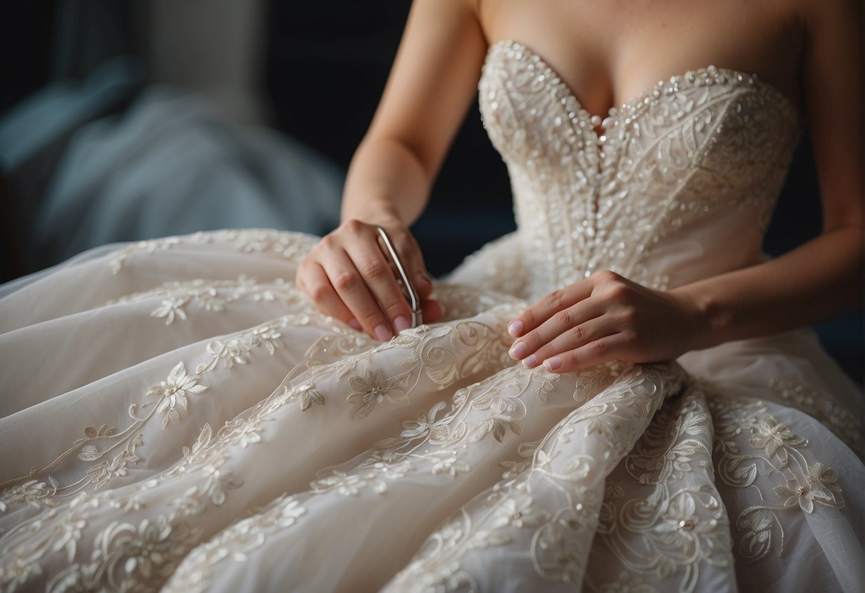 A seamstress embroiders lace on a vintage corset wedding dress
