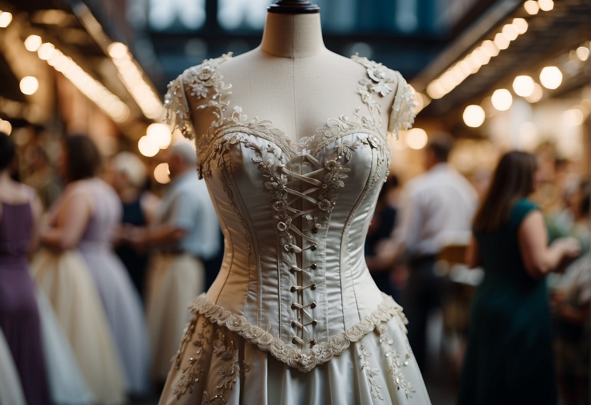 A bustling market with vintage corset wedding dresses on display, surrounded by small businesses and artisans showcasing their unique creations