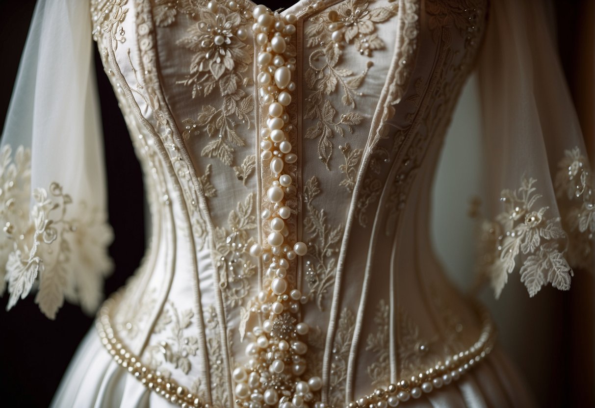 A vintage corset wedding dress is displayed on a mannequin, accessorized with lace gloves, a pearl necklace, and a delicate floral headpiece