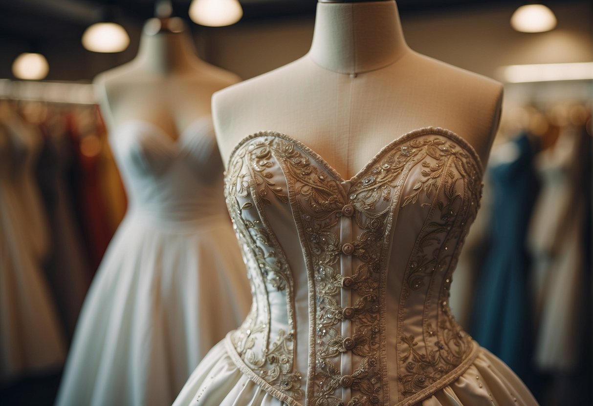 A vintage corset wedding dress displayed in a sustainable and ethical shopping environment