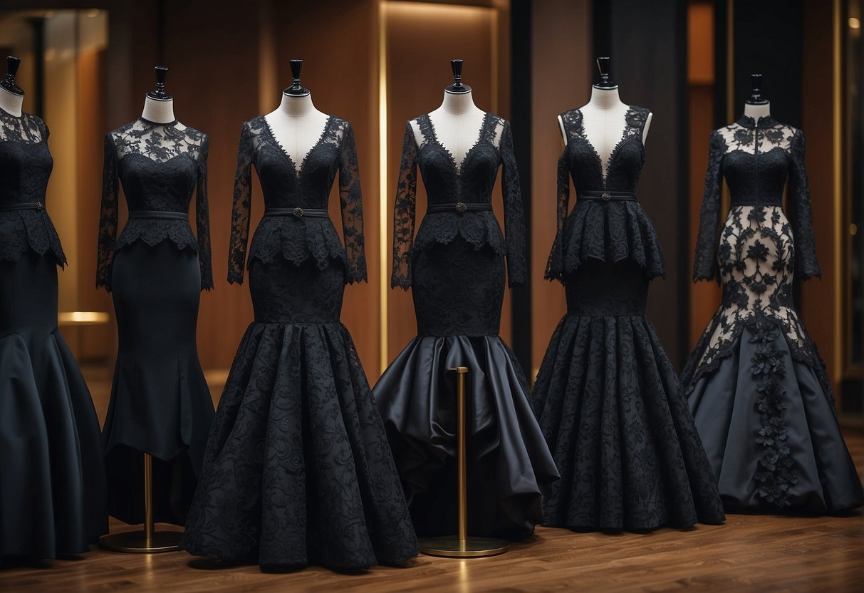 Gothic wedding suits showcased on ornate display stands. Rich fabrics, intricate lace, and dramatic silhouettes create a moody, elegant atmosphere