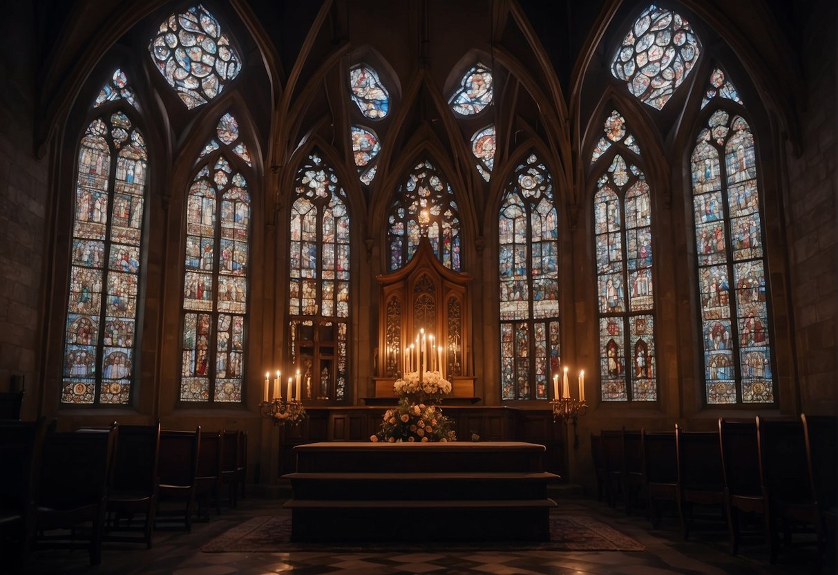 A dimly lit chapel with ornate stained-glass windows, adorned with dark velvet drapery and flickering candlelight, showcasing gothic suits for a wedding