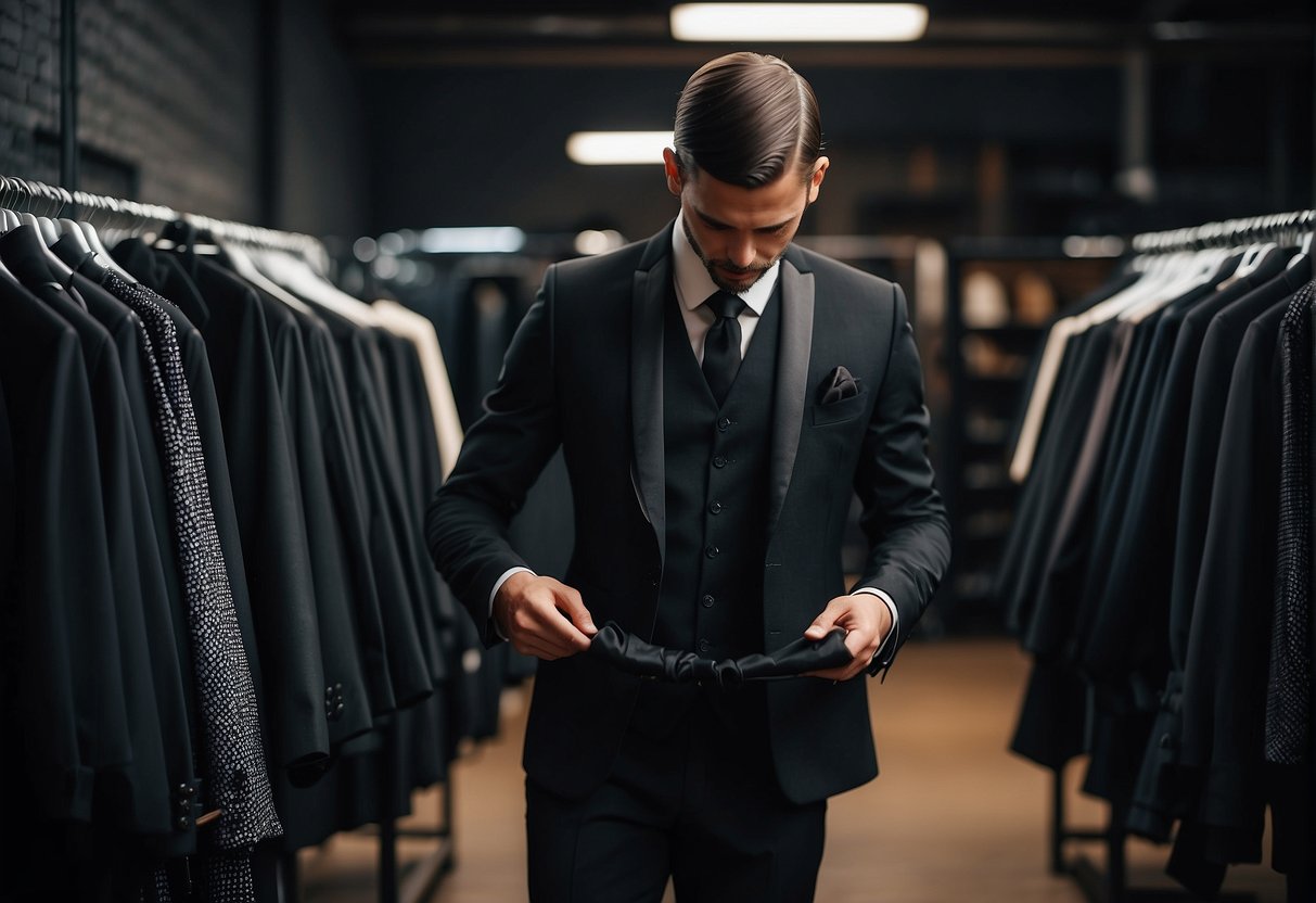 A figure carefully chooses a gothic wedding suit from a rack of elegant, dark attire
