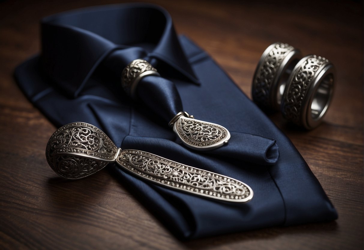 A gothic suit laid out on a dark wooden table, surrounded by antique silver cufflinks, a black silk tie, and a velvet pocket square
