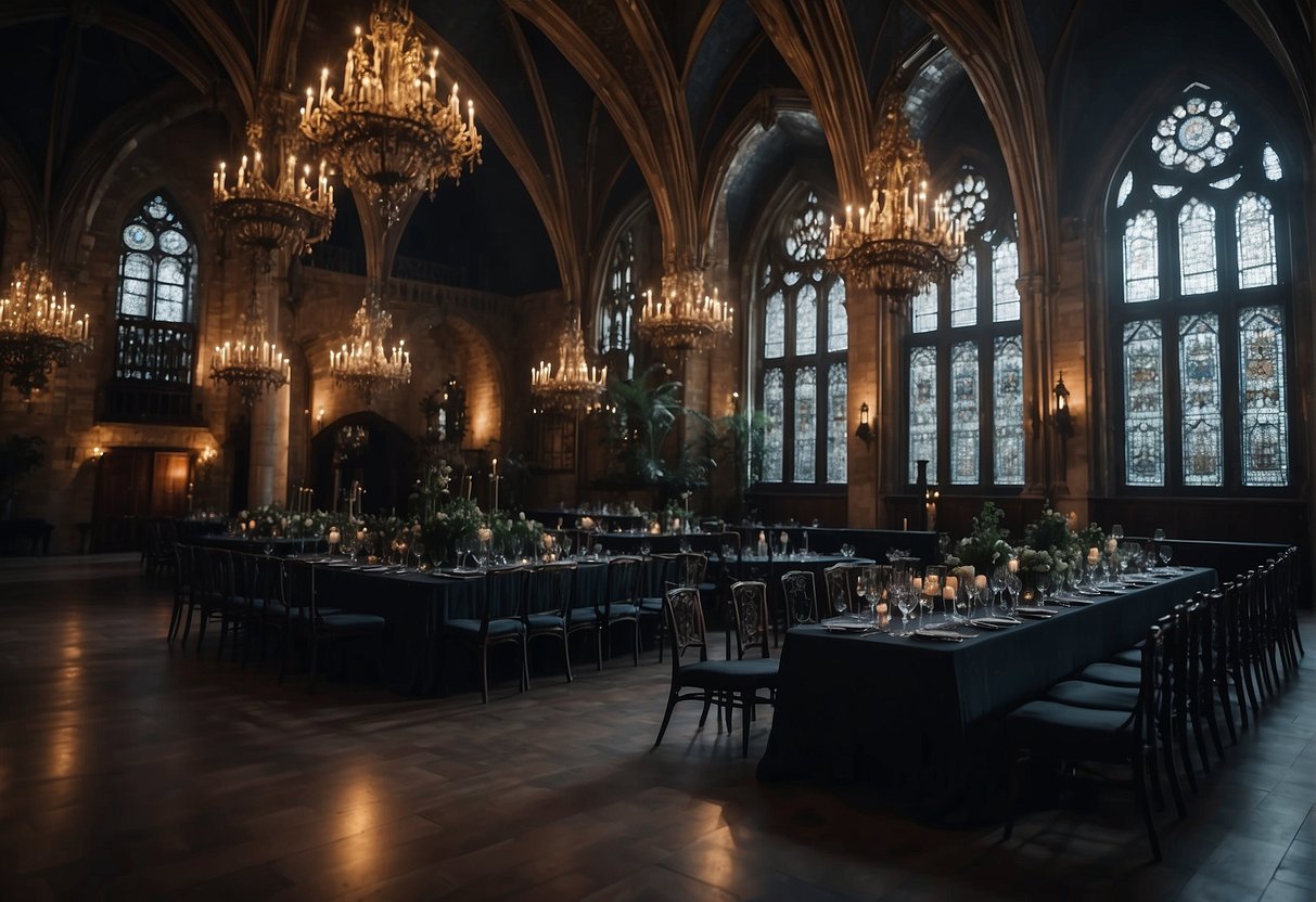 A dimly lit gothic venue adorned with intricate decor, featuring gothic suits for a wedding