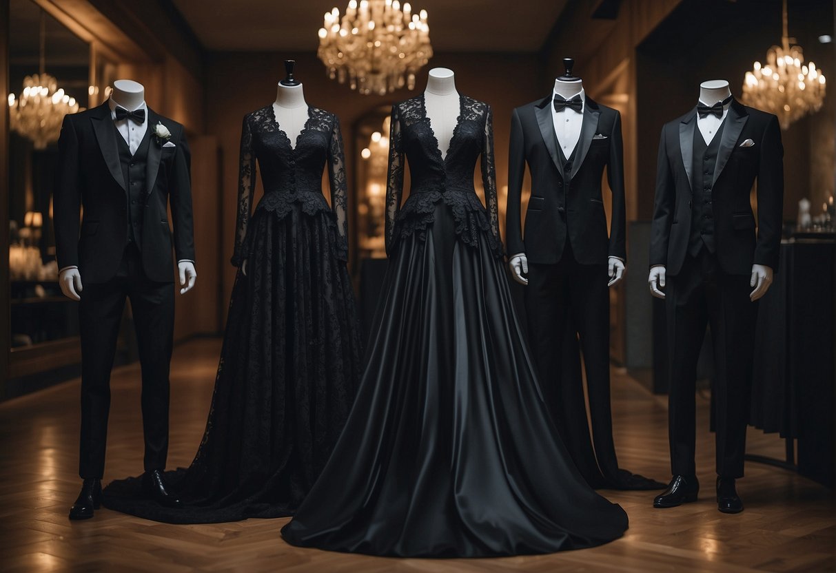 A dimly lit boutique displays elegant gothic suits for a wedding. Rich, dark fabrics and intricate details create a hauntingly beautiful atmosphere