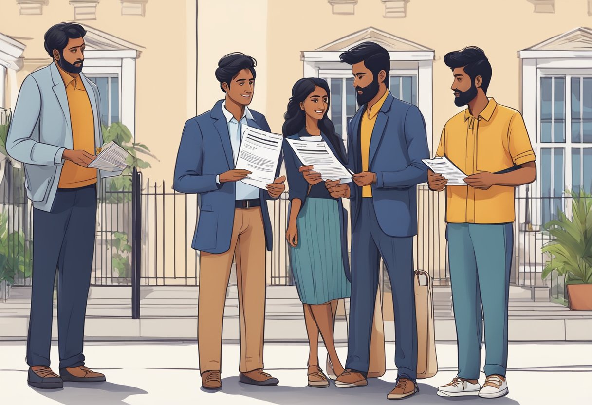 A group of Indian travelers standing in front of the Uruguay embassy, holding their passports and visa application forms, while discussing the requirements and procedures with the embassy staff