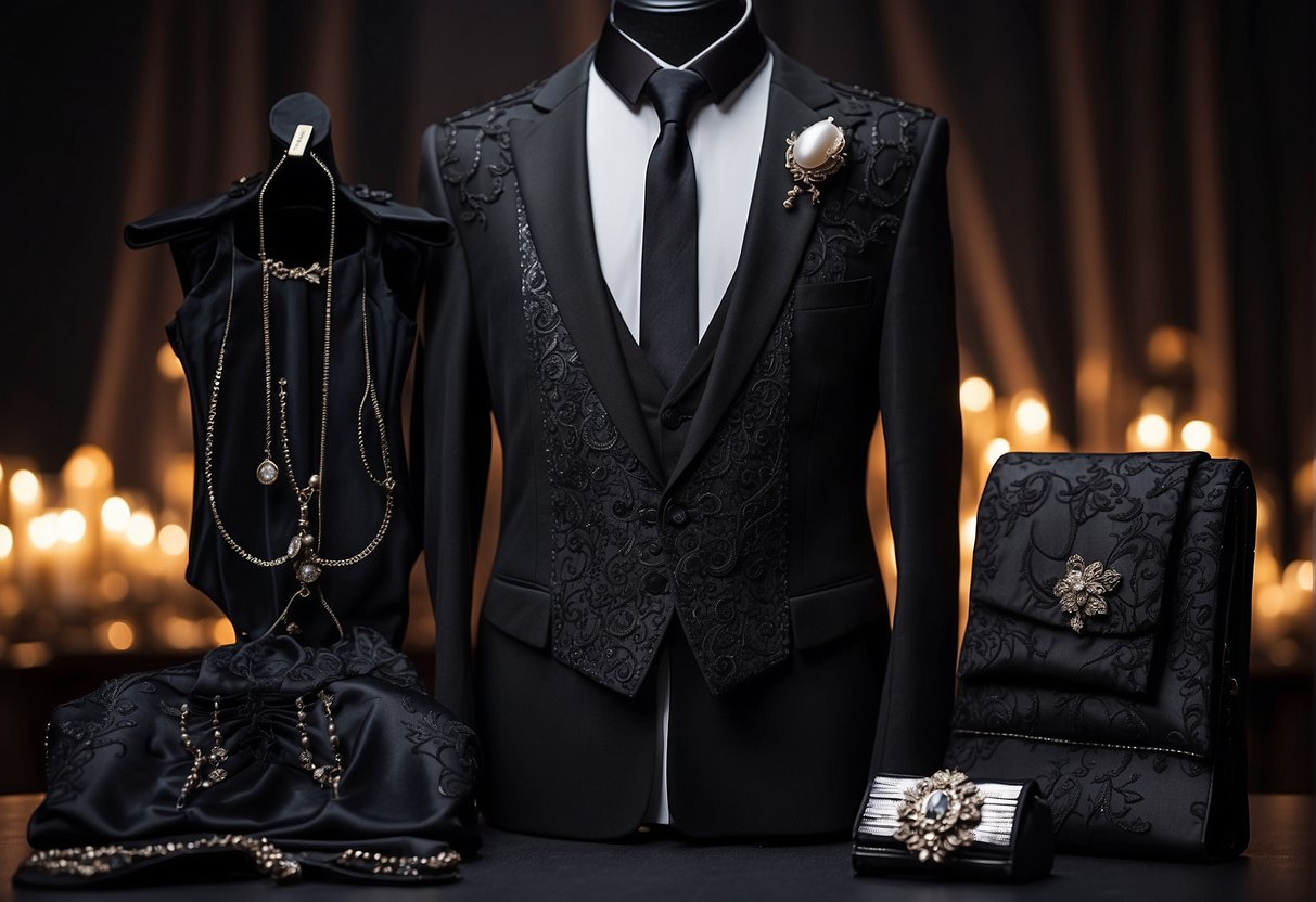 A gothic wedding suit displayed on an online marketplace, surrounded by dark, elegant accessories and dramatic lighting