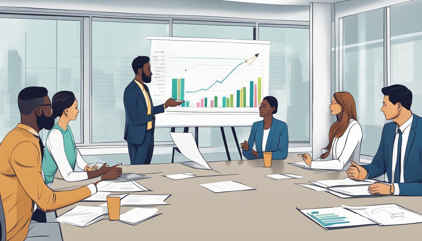 A group of people discussing a communication project, with charts and diagrams on a whiteboard in the background