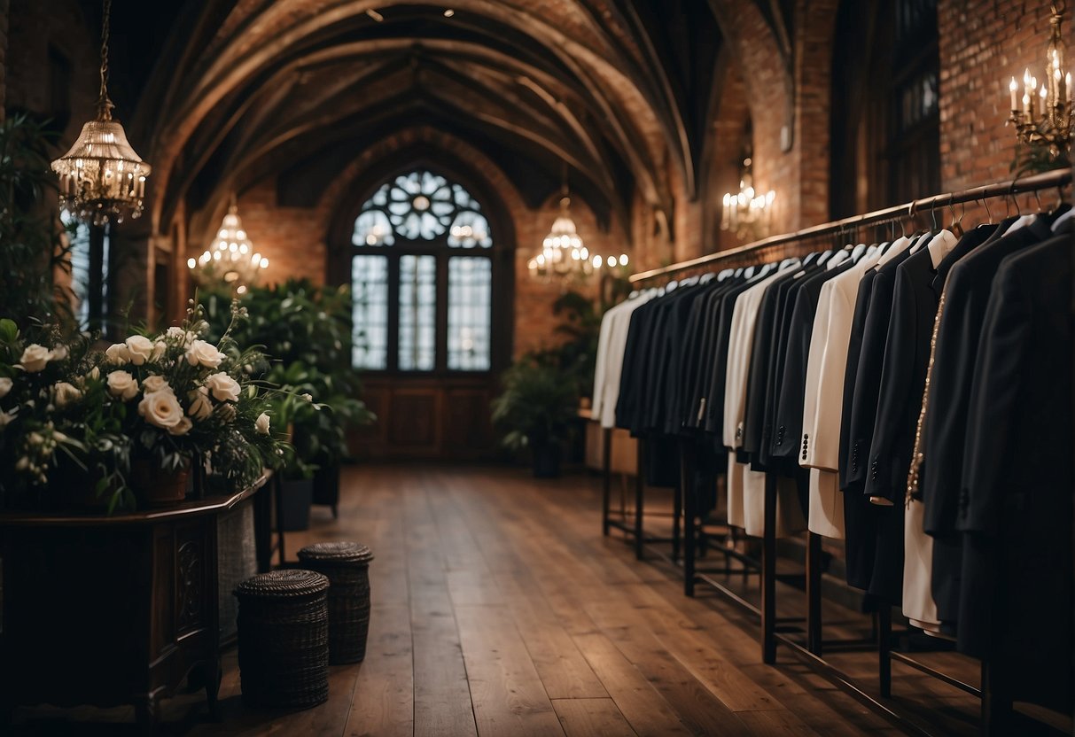 A gothic-themed wedding boutique showcases small business suits