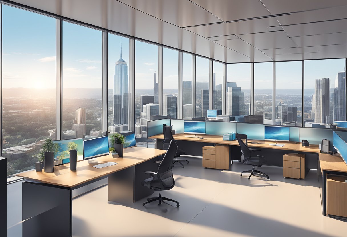 A sleek, modern office with a panoramic view of a bustling city skyline, featuring the Apple Vision PRO logo prominently displayed on a large digital screen