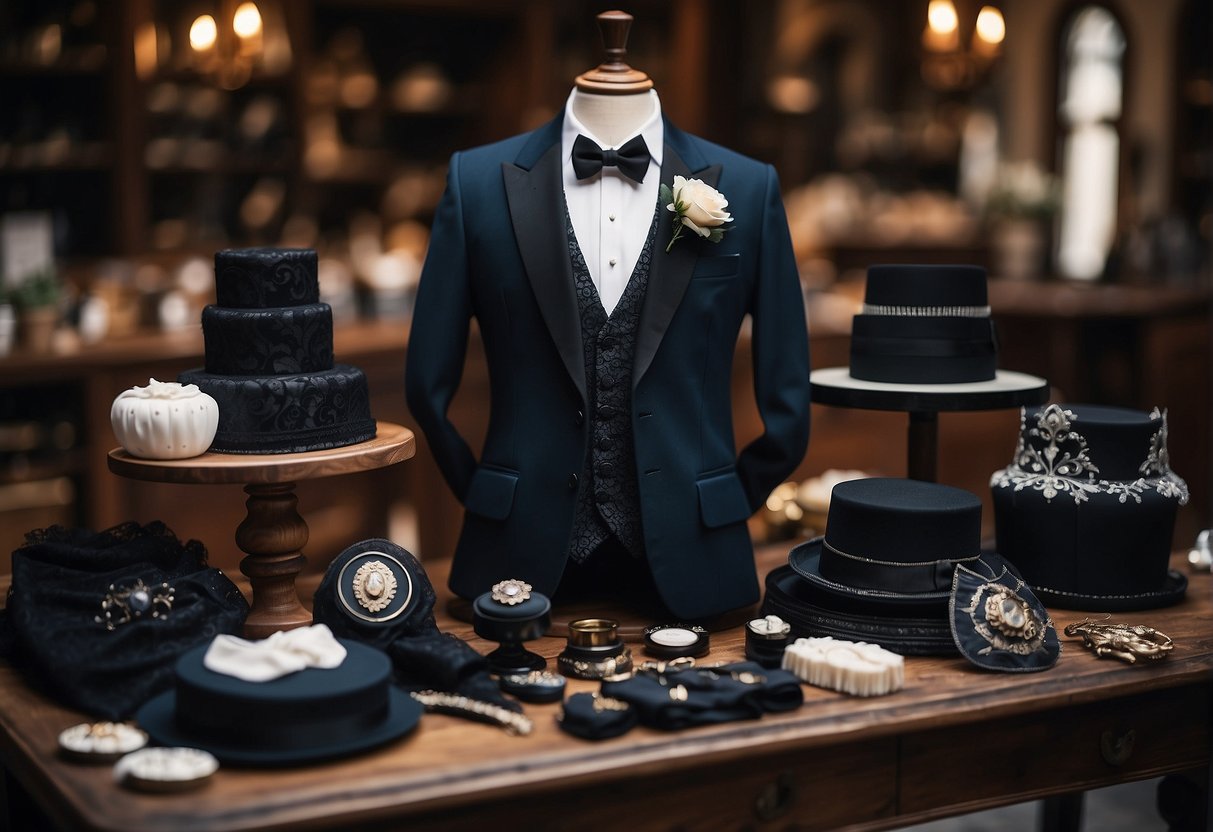 A table displays gothic wedding suits next to craft supplies and digital items