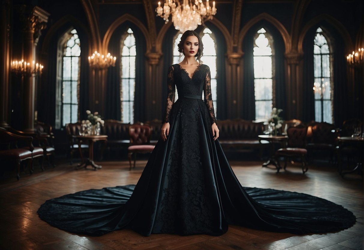 A dark, ornate wedding venue with gothic suits on display. Rich velvet, lace, and intricate details create a moody, romantic atmosphere