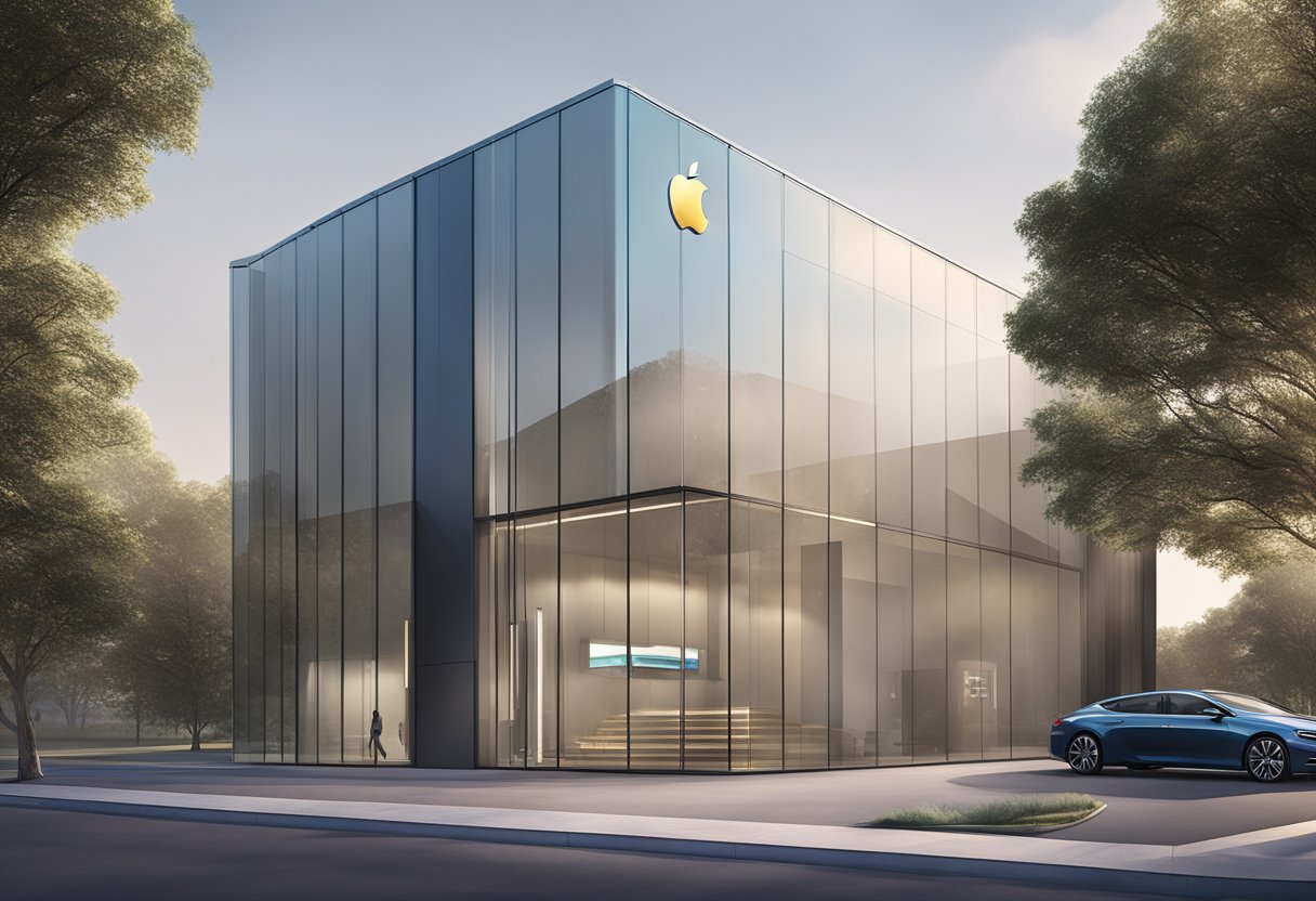 A sleek, modern building with glass walls and a minimalist design, featuring the Apple Vision PRO logo prominently displayed at the entrance